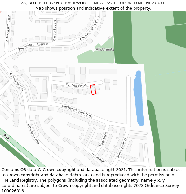 28, BLUEBELL WYND, BACKWORTH, NEWCASTLE UPON TYNE, NE27 0XE: Location map and indicative extent of plot