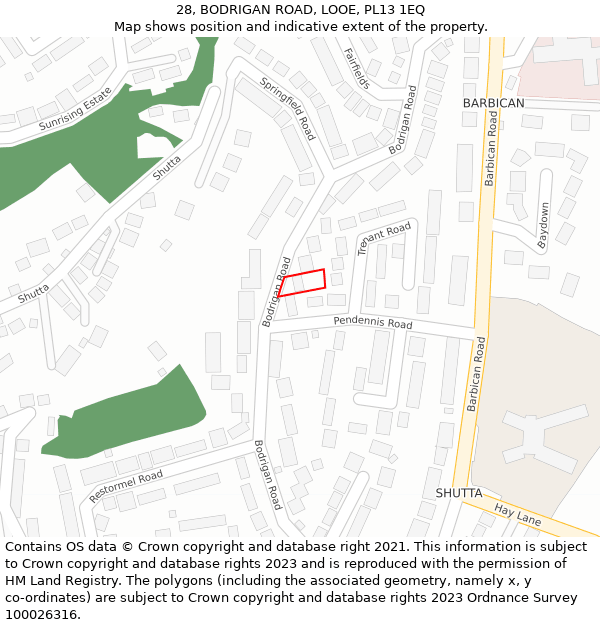 28, BODRIGAN ROAD, LOOE, PL13 1EQ: Location map and indicative extent of plot