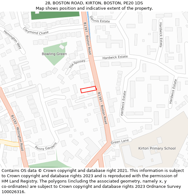 28, BOSTON ROAD, KIRTON, BOSTON, PE20 1DS: Location map and indicative extent of plot