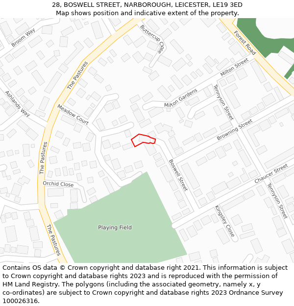 28, BOSWELL STREET, NARBOROUGH, LEICESTER, LE19 3ED: Location map and indicative extent of plot