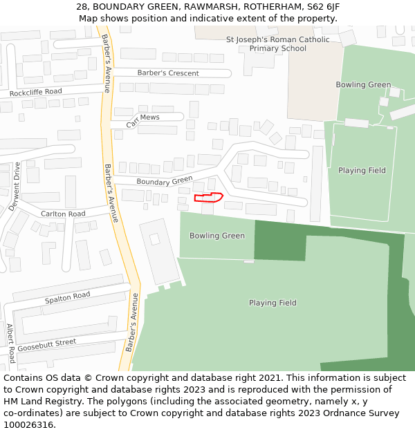 28, BOUNDARY GREEN, RAWMARSH, ROTHERHAM, S62 6JF: Location map and indicative extent of plot