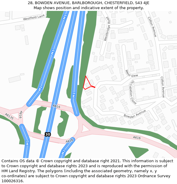 28, BOWDEN AVENUE, BARLBOROUGH, CHESTERFIELD, S43 4JE: Location map and indicative extent of plot