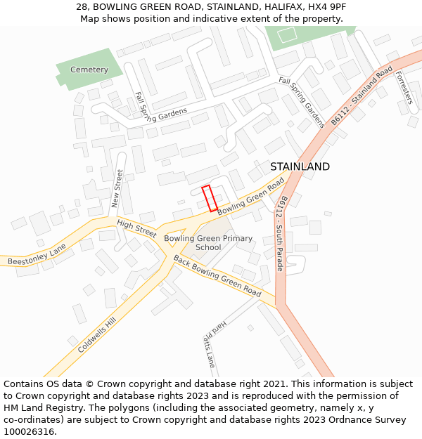 28, BOWLING GREEN ROAD, STAINLAND, HALIFAX, HX4 9PF: Location map and indicative extent of plot