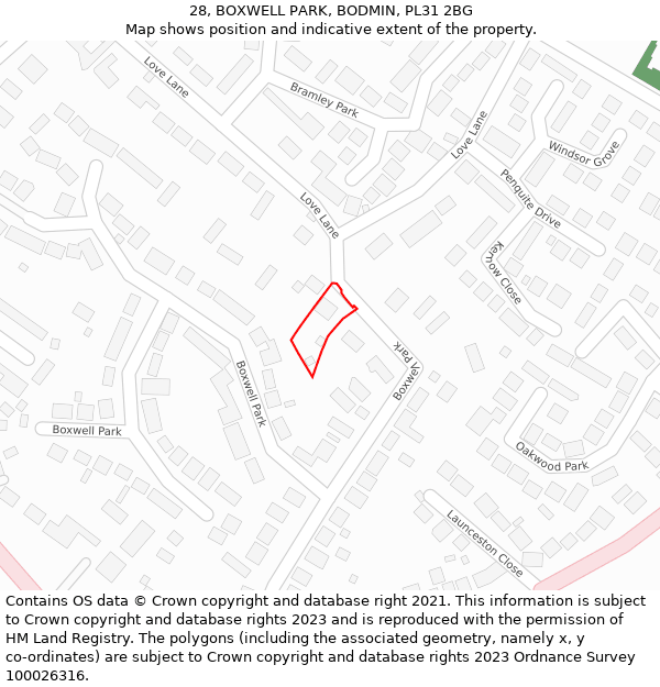 28, BOXWELL PARK, BODMIN, PL31 2BG: Location map and indicative extent of plot