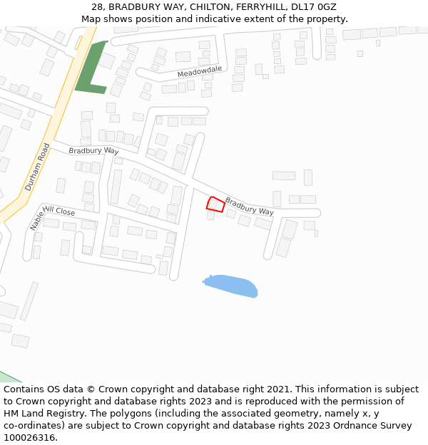 28, BRADBURY WAY, CHILTON, FERRYHILL, DL17 0GZ: Location map and indicative extent of plot