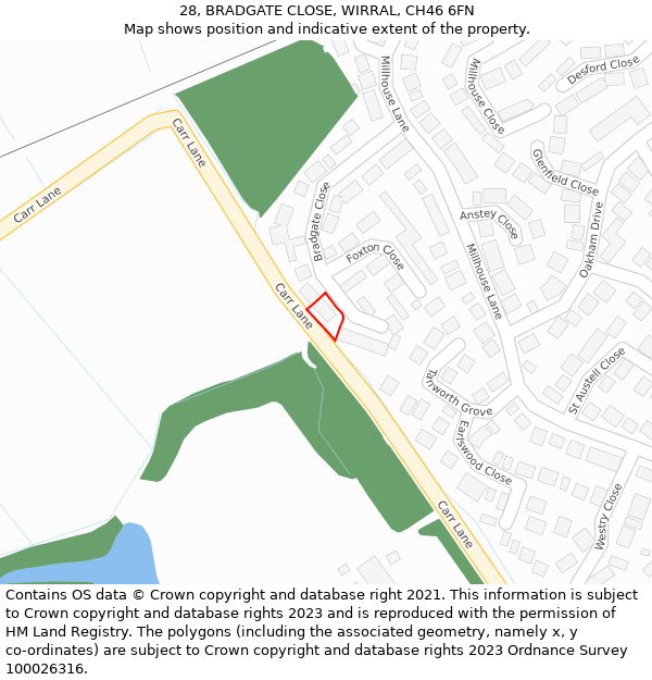 28, BRADGATE CLOSE, WIRRAL, CH46 6FN: Location map and indicative extent of plot