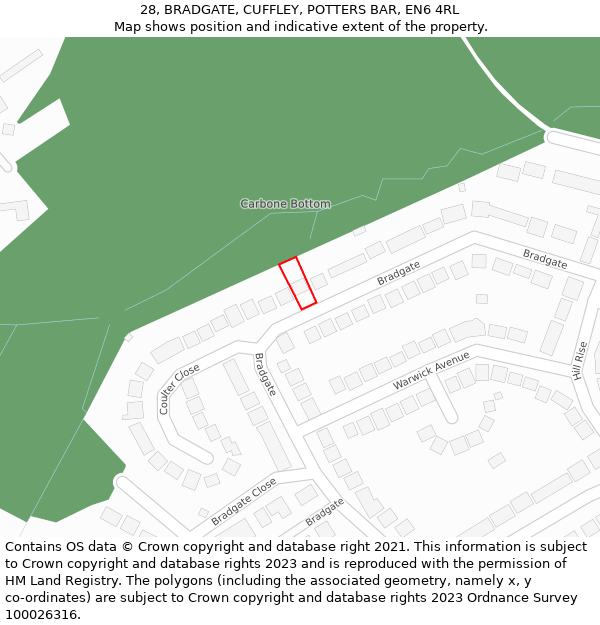 28, BRADGATE, CUFFLEY, POTTERS BAR, EN6 4RL: Location map and indicative extent of plot