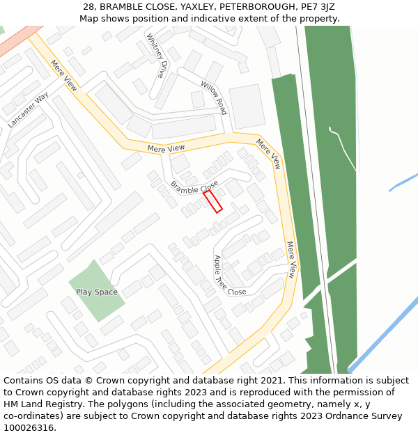 28, BRAMBLE CLOSE, YAXLEY, PETERBOROUGH, PE7 3JZ: Location map and indicative extent of plot