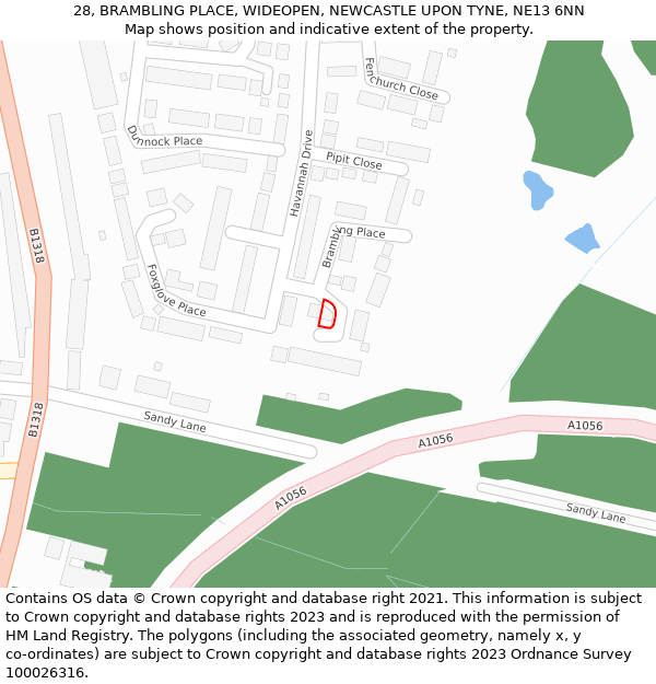 28, BRAMBLING PLACE, WIDEOPEN, NEWCASTLE UPON TYNE, NE13 6NN: Location map and indicative extent of plot