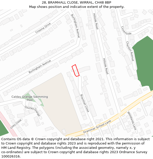 28, BRAMHALL CLOSE, WIRRAL, CH48 8BP: Location map and indicative extent of plot