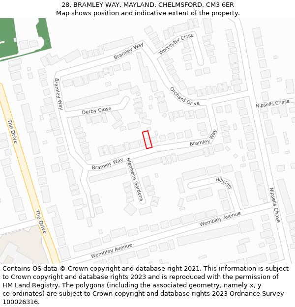 28, BRAMLEY WAY, MAYLAND, CHELMSFORD, CM3 6ER: Location map and indicative extent of plot