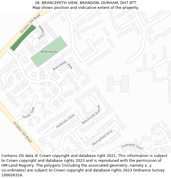 28, BRANCEPETH VIEW, BRANDON, DURHAM, DH7 8TT: Location map and indicative extent of plot