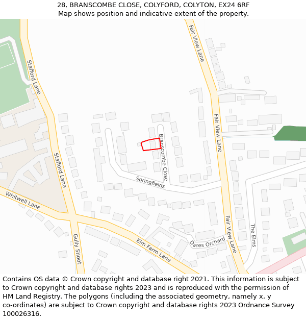 28, BRANSCOMBE CLOSE, COLYFORD, COLYTON, EX24 6RF: Location map and indicative extent of plot