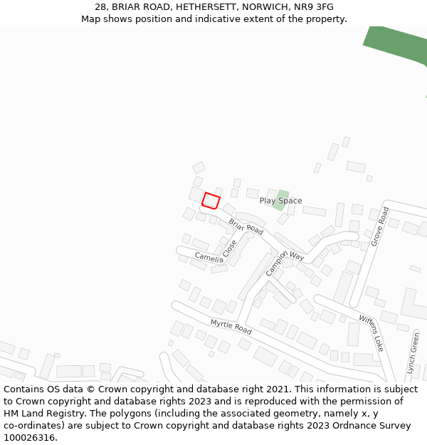 28, BRIAR ROAD, HETHERSETT, NORWICH, NR9 3FG: Location map and indicative extent of plot