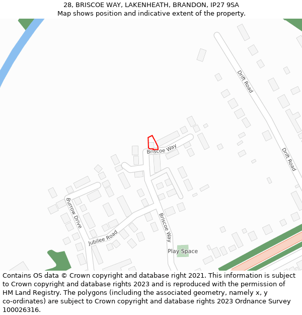 28, BRISCOE WAY, LAKENHEATH, BRANDON, IP27 9SA: Location map and indicative extent of plot