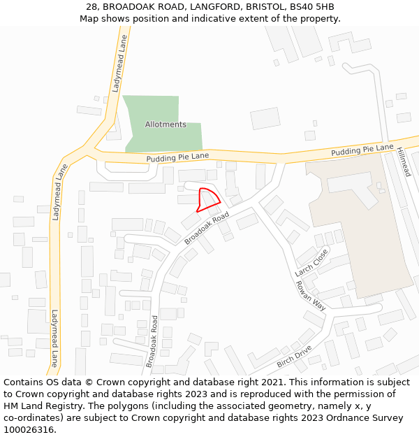 28, BROADOAK ROAD, LANGFORD, BRISTOL, BS40 5HB: Location map and indicative extent of plot