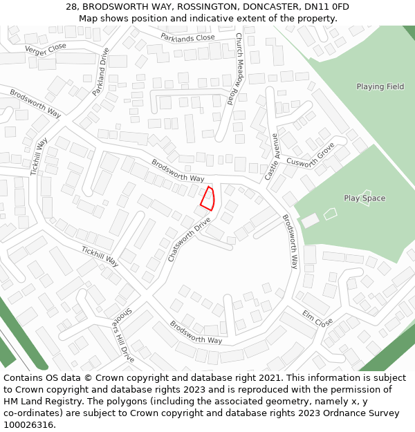 28, BRODSWORTH WAY, ROSSINGTON, DONCASTER, DN11 0FD: Location map and indicative extent of plot