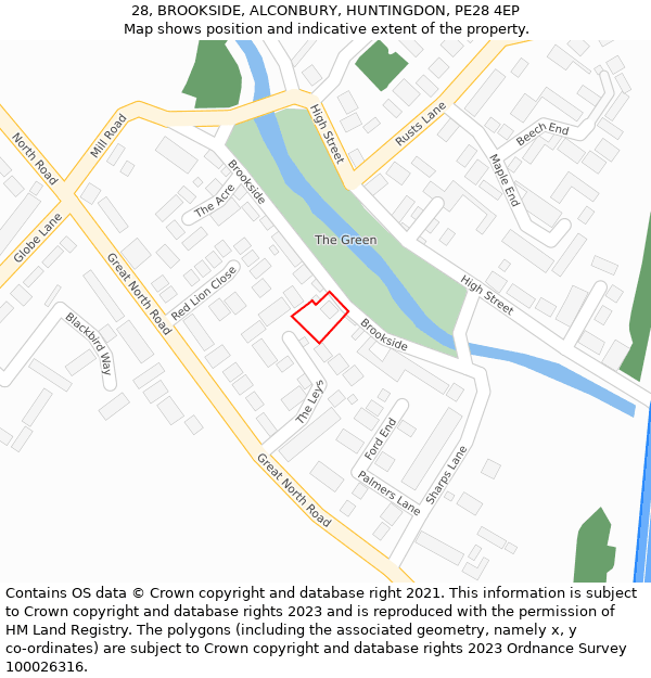 28, BROOKSIDE, ALCONBURY, HUNTINGDON, PE28 4EP: Location map and indicative extent of plot