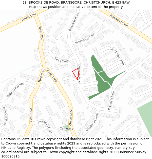 28, BROOKSIDE ROAD, BRANSGORE, CHRISTCHURCH, BH23 8AW: Location map and indicative extent of plot