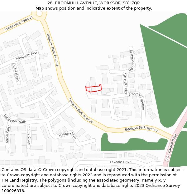 28, BROOMHILL AVENUE, WORKSOP, S81 7QP: Location map and indicative extent of plot