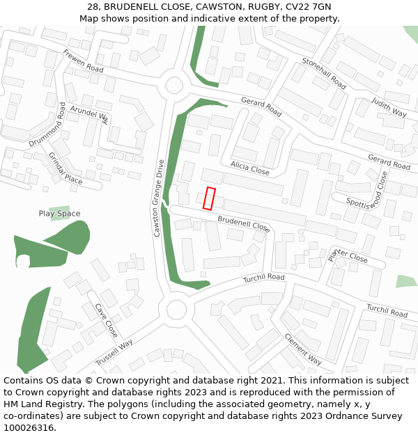 28, BRUDENELL CLOSE, CAWSTON, RUGBY, CV22 7GN: Location map and indicative extent of plot