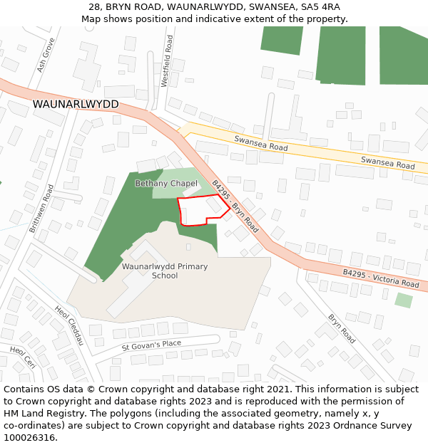 28, BRYN ROAD, WAUNARLWYDD, SWANSEA, SA5 4RA: Location map and indicative extent of plot