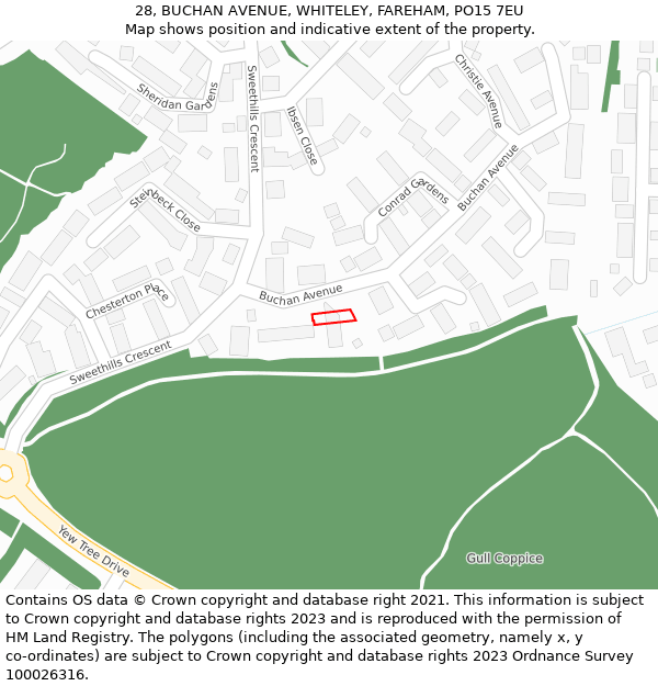 28, BUCHAN AVENUE, WHITELEY, FAREHAM, PO15 7EU: Location map and indicative extent of plot