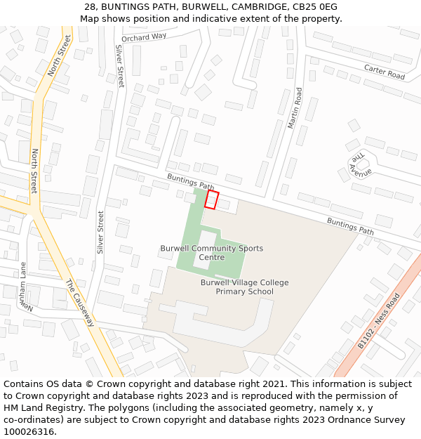28, BUNTINGS PATH, BURWELL, CAMBRIDGE, CB25 0EG: Location map and indicative extent of plot