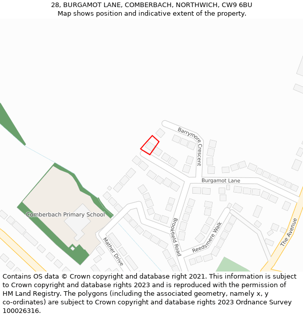 28, BURGAMOT LANE, COMBERBACH, NORTHWICH, CW9 6BU: Location map and indicative extent of plot