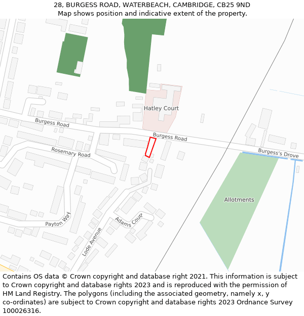 28, BURGESS ROAD, WATERBEACH, CAMBRIDGE, CB25 9ND: Location map and indicative extent of plot