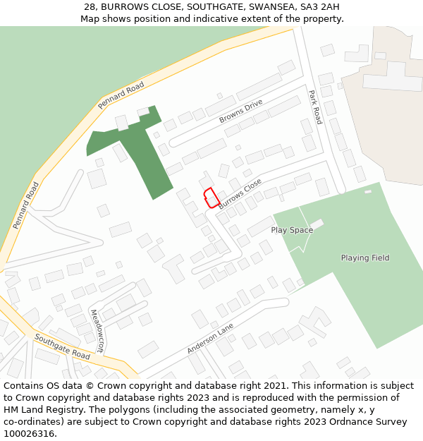 28, BURROWS CLOSE, SOUTHGATE, SWANSEA, SA3 2AH: Location map and indicative extent of plot