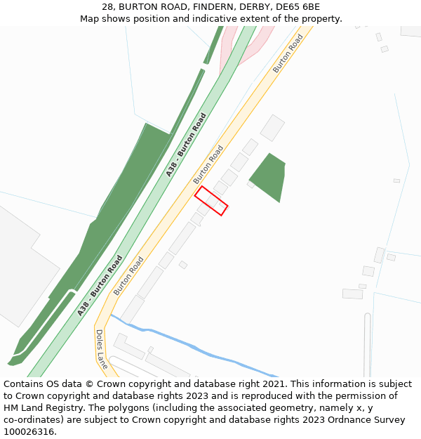 28, BURTON ROAD, FINDERN, DERBY, DE65 6BE: Location map and indicative extent of plot