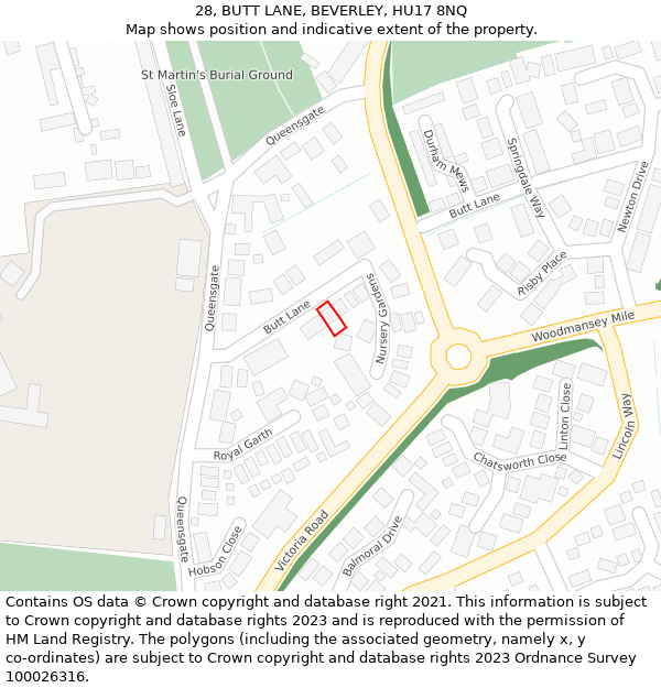 28, BUTT LANE, BEVERLEY, HU17 8NQ: Location map and indicative extent of plot