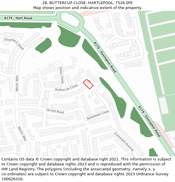 28, BUTTERCUP CLOSE, HARTLEPOOL, TS26 0FE: Location map and indicative extent of plot