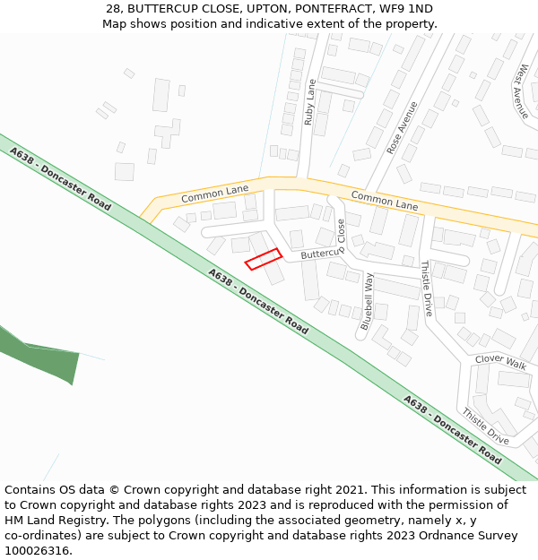 28, BUTTERCUP CLOSE, UPTON, PONTEFRACT, WF9 1ND: Location map and indicative extent of plot