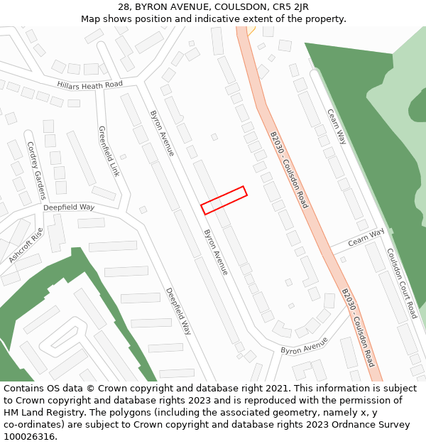 28, BYRON AVENUE, COULSDON, CR5 2JR: Location map and indicative extent of plot