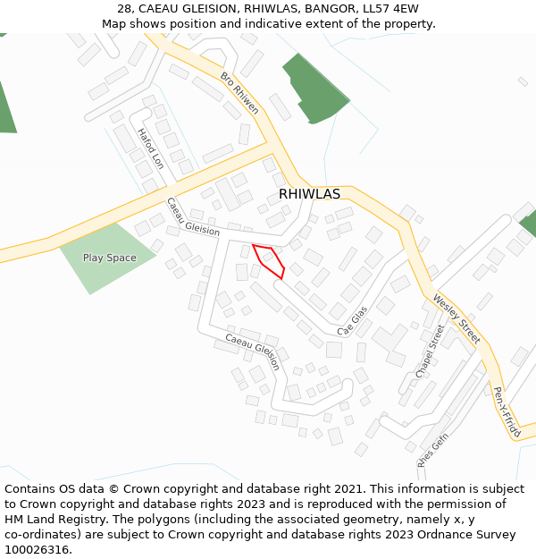 28, CAEAU GLEISION, RHIWLAS, BANGOR, LL57 4EW: Location map and indicative extent of plot