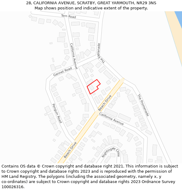 28, CALIFORNIA AVENUE, SCRATBY, GREAT YARMOUTH, NR29 3NS: Location map and indicative extent of plot