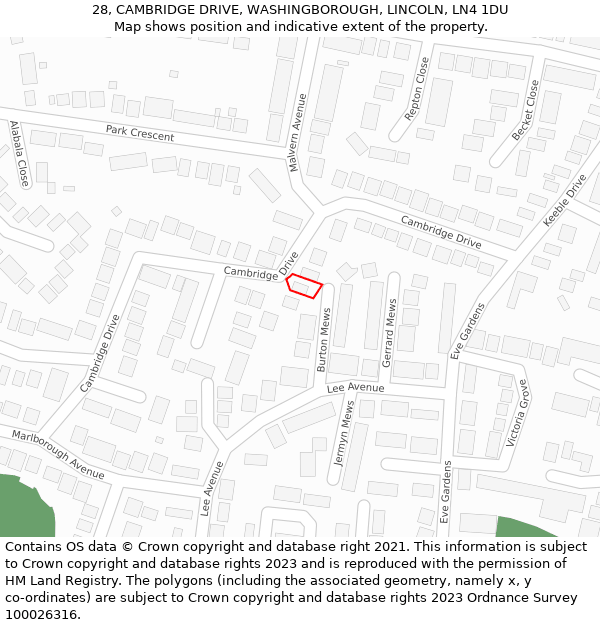28, CAMBRIDGE DRIVE, WASHINGBOROUGH, LINCOLN, LN4 1DU: Location map and indicative extent of plot