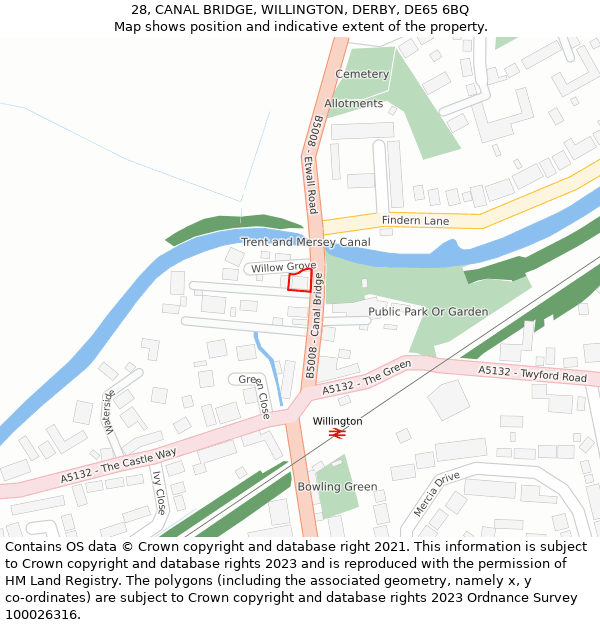 28, CANAL BRIDGE, WILLINGTON, DERBY, DE65 6BQ: Location map and indicative extent of plot