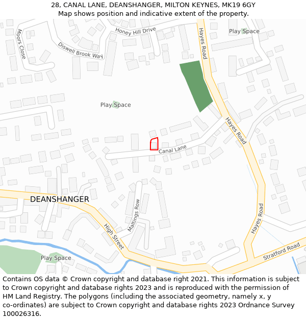 28, CANAL LANE, DEANSHANGER, MILTON KEYNES, MK19 6GY: Location map and indicative extent of plot
