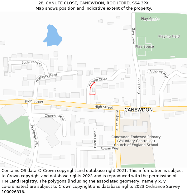 28, CANUTE CLOSE, CANEWDON, ROCHFORD, SS4 3PX: Location map and indicative extent of plot