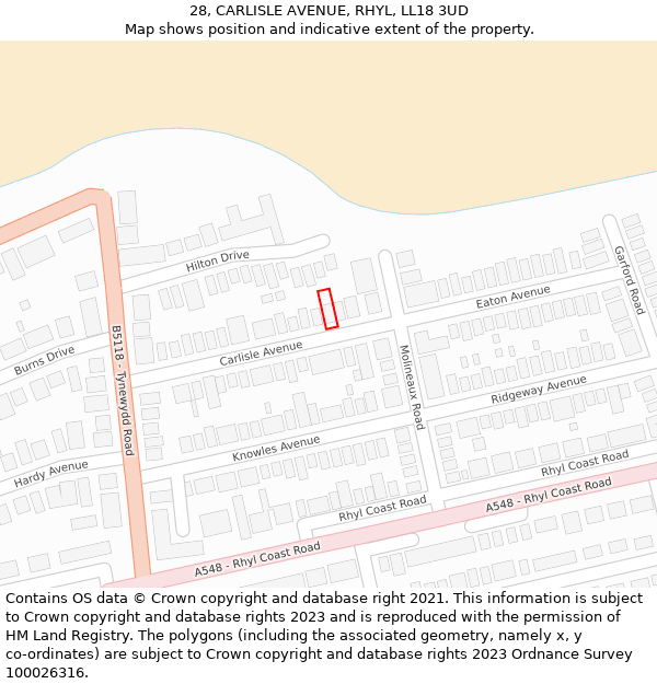 28, CARLISLE AVENUE, RHYL, LL18 3UD: Location map and indicative extent of plot