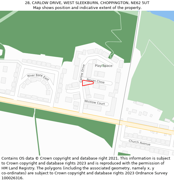 28, CARLOW DRIVE, WEST SLEEKBURN, CHOPPINGTON, NE62 5UT: Location map and indicative extent of plot