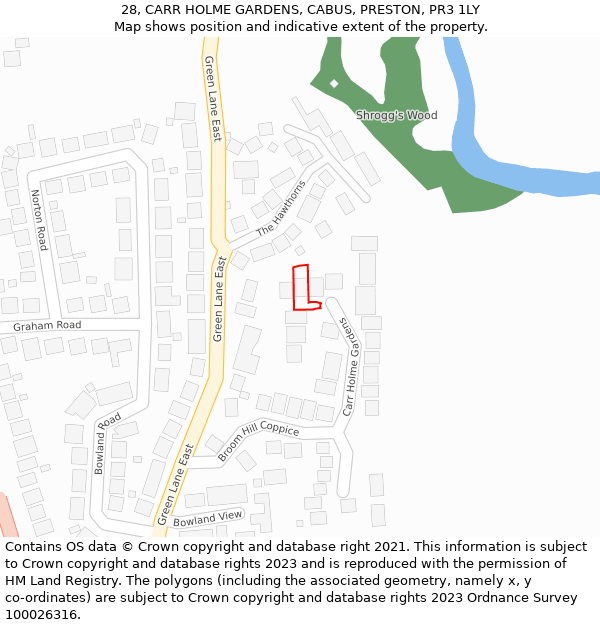 28, CARR HOLME GARDENS, CABUS, PRESTON, PR3 1LY: Location map and indicative extent of plot