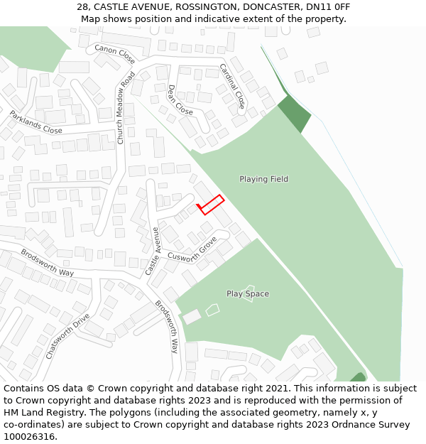 28, CASTLE AVENUE, ROSSINGTON, DONCASTER, DN11 0FF: Location map and indicative extent of plot