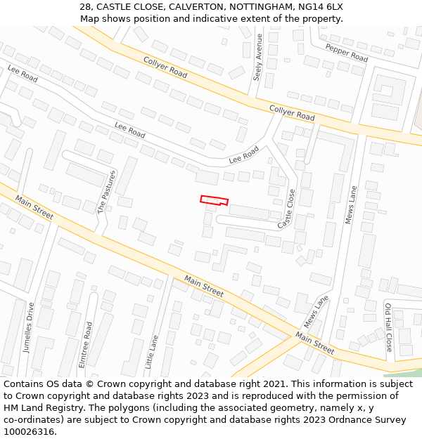 28, CASTLE CLOSE, CALVERTON, NOTTINGHAM, NG14 6LX: Location map and indicative extent of plot