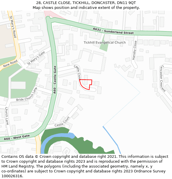 28, CASTLE CLOSE, TICKHILL, DONCASTER, DN11 9QT: Location map and indicative extent of plot