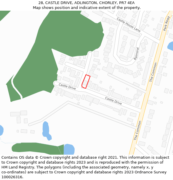 28, CASTLE DRIVE, ADLINGTON, CHORLEY, PR7 4EA: Location map and indicative extent of plot