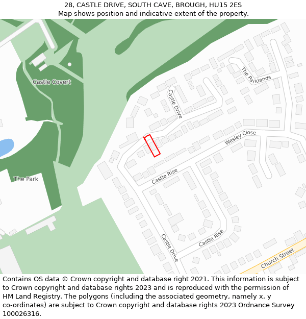 28, CASTLE DRIVE, SOUTH CAVE, BROUGH, HU15 2ES: Location map and indicative extent of plot